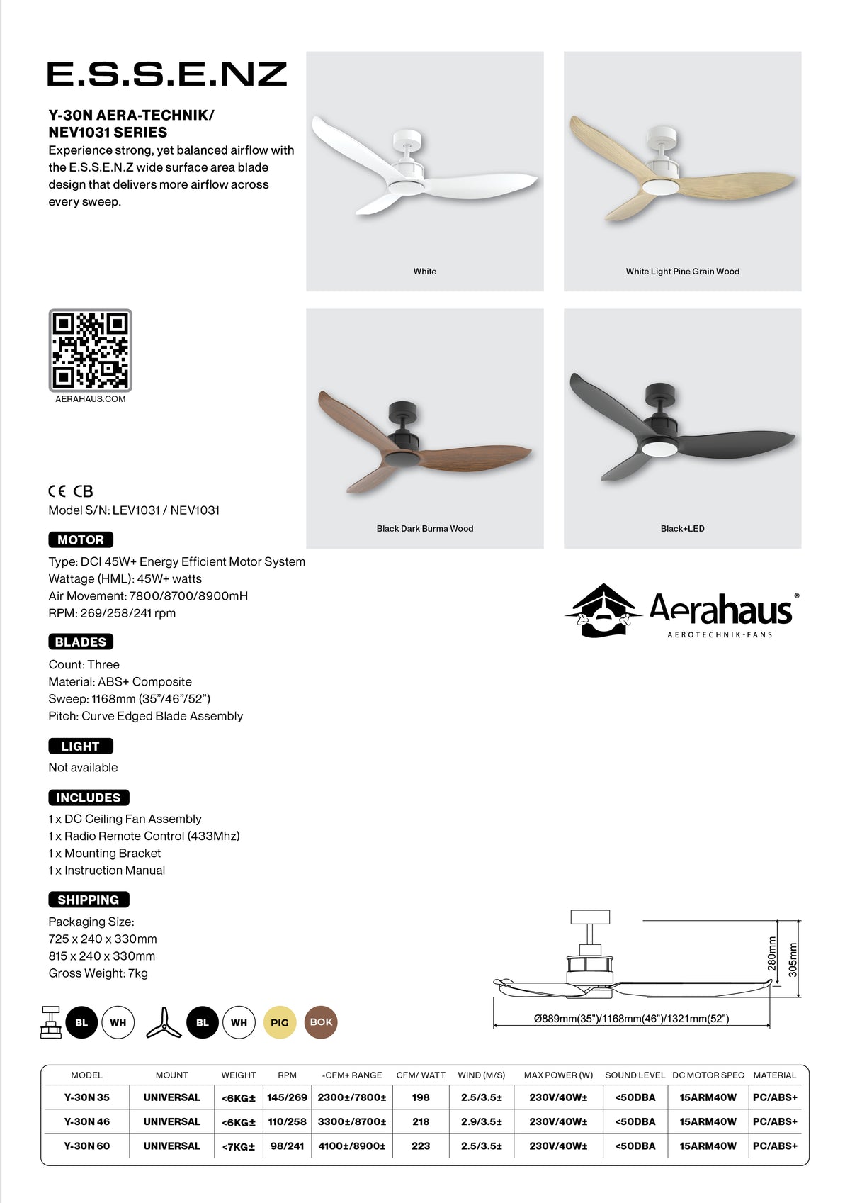 Y-30N Aerahaus Technik DC Ceiling Fan